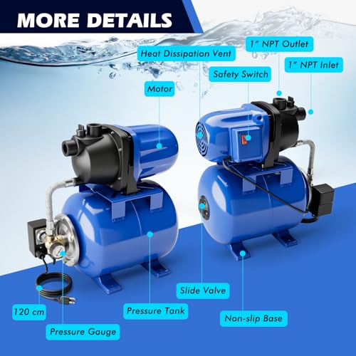 Goplus 1.6HP Shallow Well Pump with Pressure Tank, 1000GPH-5Gal Automatic Water Booster Jet Pump for Water Supply System, Irrigation Water Pump for Home, Garden & Lawn, 1200W (Blue) - color: Blue