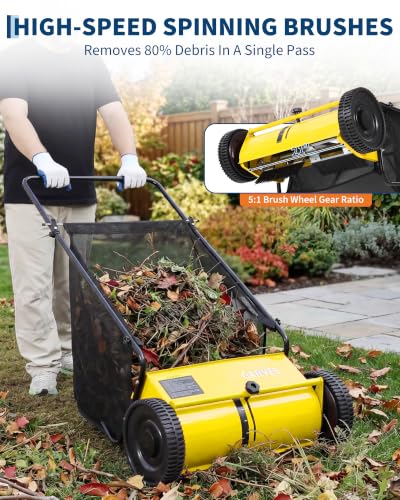21" Push Lawn Sweeper, 6 Cu.Ft. Hopper, 3 V-Shaped Brushes, Height Adjustable - color: Yellow, size: 21in