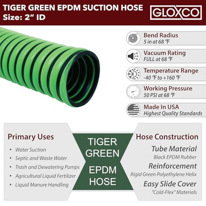 Gloxco Heavy Duty Tiger Green EPDM All Weather Suction Hose, Black Tube, Lime Green Helix, Full Vacuum Suction Rating, 2" Inside Diameter, Made In USA, 25 ft Length - size: 2" x 25 Ft
