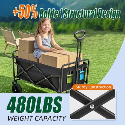 Collapsible Wagon Cart Foldable 37" L 480lbs Capacity, Heavy Duty Beach Wagon, Shopping Carts with Wheels for Grocery, Camping, Shopping, Fishing, Garden Cart - size: 200L