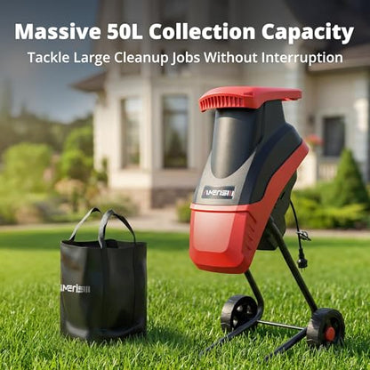 AMERISUN 15-Amp Electric Wood Chipper, 4200 RPM Garden Shredder with 1.75" Branch Capacity, 50L Collection Bag & 7" Wheels, Lightweight Yard Waste Mulcher for Leaves, Branches & Home Landscaping