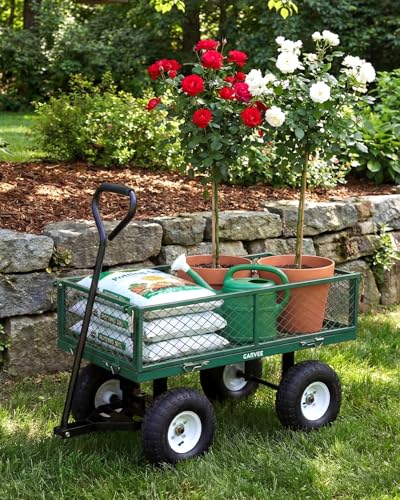 Heavy Duty 400 lbs Steel Garden Cart Wagon – Utility Yard Cart – 10" All-Terrain Pneumatic Tires – Removable Mesh Sides, Waterproof Liner – Easy Maneuvering for Lawn, Farm, Landscaping – - color: Green