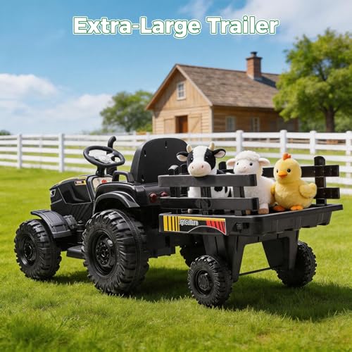 24V Kids Ride-On Tractor with Trailer, 400W Electric Farm Truck with Remote & Pedal Control, Headlights, USB MP3, Power Display, Adjustable Speeds, Safety Belt, Ride-On Toy Gift, Black - color: Black