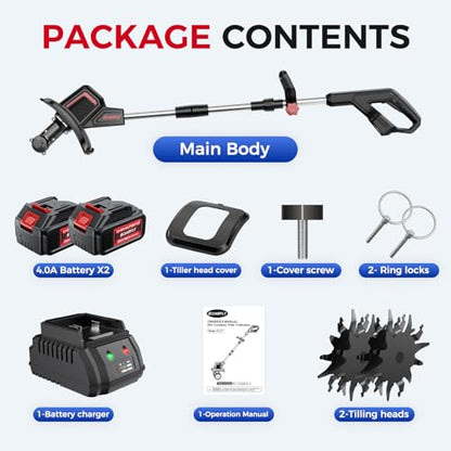SOARFLY Cordless Tiller Cultivator 9" Width 6.6" Depth, 2×4.0Ah Batteries