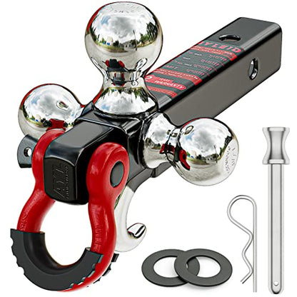 Ayleid Trailer Hitch Tri-Ball Mount with Hook&Pin&Rotatable Tow Shackle,Fits 2-in Receiver with 1-7/8-in,2-in,2-5/16-in Hitch Ball - color: A-With Shackle