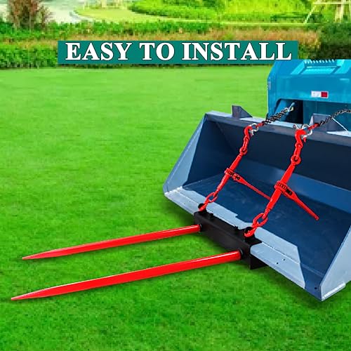 49" Dual Hay Bale Spear Attachment, 3000lbs Load Capacity Universal Front Skid Steer Tractor Loader Bucket, 2 Chains and Ratchet Binders Included