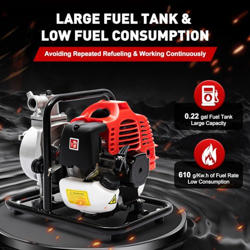 1" Inch Water Transfer Pump,1.7HP 40.2CC 2-Stroke Portable Gas Engine Powered Water Pumps Transfer,Single Cylinder Gasoline,6500 rpm,8,000L/hour