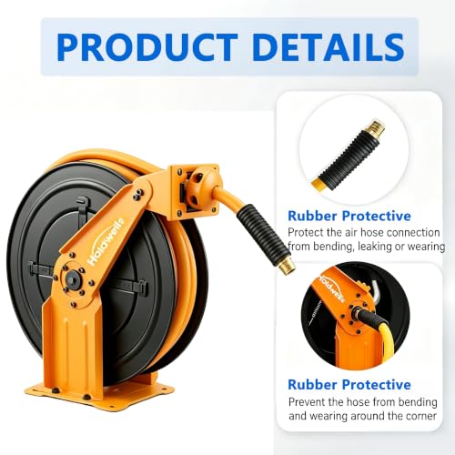 Retractable Air Hose Reel, 3/8" x 65FT Hybrid Air Hose, 300PSI Max, Auto-Rewind & Length-Lock, 1/4" NPT Fitting, Ceiling/Wall Mount Heavy Duty Dual Arm Steel Reel for Workshop/Garage - size: 3/8"x65ft Dual Arm