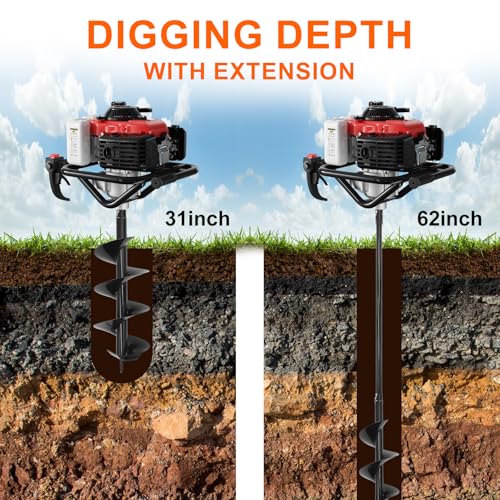 68CC Gas Powered Post Hole Digger, 4 Stroke Auger with 6&8 Inch Bits - color: Red 68cc+2 Auger(6"/8")