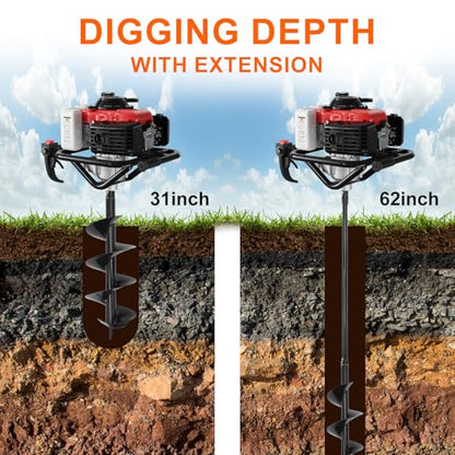 78CC Gas Powered Post Hole Digger, 4 Stroke Auger with 6&8 Inch Bits - color: Red 78cc+2 Auger(6"/8")