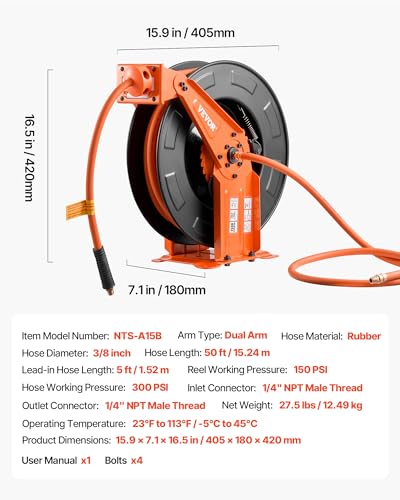 VEVOR Retractable Air Hose Reel, 3/8 Inch x 50 FT Rubber Air Hose Max 300PSI, Auto Rewind Air-Compressor Hoses Reel with 5 ft Lead in, Ceiling/Wall Mount Heavy Duty Steel Double Arm - size: 3/8 in x 50 ft
