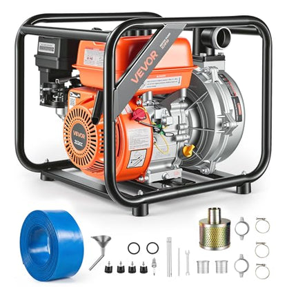 VEVOR Gas Powered Water Pump, 2 in, 128 GPM 6HP Semi Trash Water Transfer Pump Portable, Gasoline Engine with 25 ft Discharge Hose, Heavy Duty Frame, Cast Iron Impeller, for Irrigation, Ponds, Pools - size: 2in 6.0 HP 128GPM