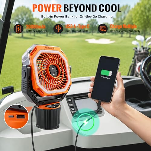Roykaw Golf Cart Misting Fan Rechargeable, 48+ Hrs Long Runtime, Large Golf Cart Fan, Golf Fan with 4 Wind Speeds/ 3 Brightness Levels/ 2 Spray Modes/ 2 Bases/Auto-oscillating