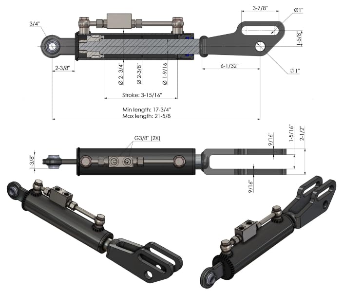 Spare Parts Holland Hydraulic Side Link 2.36"/1.57" – 3.94" Stroke – Min Length 17.7", Max Length 21.7" – With Locking Valve and 33.5" Hoses – Black Painted – Fits Tractors - size: Min-Max: 17-3/4" , 21-5/8"