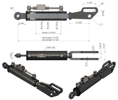 Spare Parts Holland Hydraulic Side Link 2.36"/1.57" – 3.94" Stroke – Min Length 17.7", Max Length 21.7" – With Locking Valve and 33.5" Hoses – Black Painted – Fits Tractors - size: Min-Max: 17-3/4" , 21-5/8"
