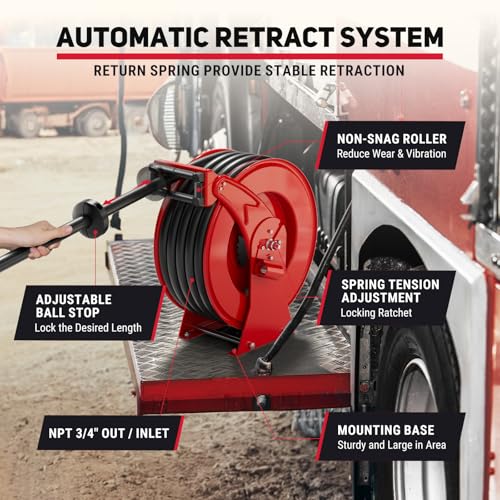 Fuel Hose Reel 3/4" x 50FT, Retractable Diesel Reel with Nozzle - color: Red, size: 3/4 inch 50FT