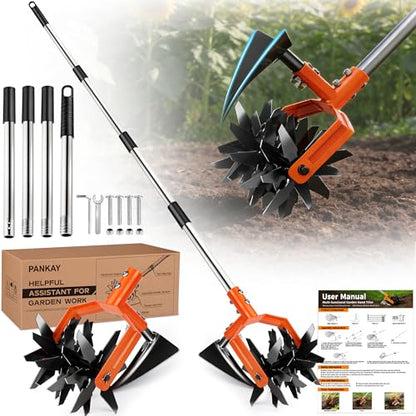 Manual Hand Tiller for Gardening, Rotary Cultivator with Tilling Blade