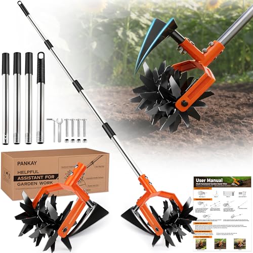 Manual Hand Tiller for Gardening, Rotary Cultivator with Tilling Blade