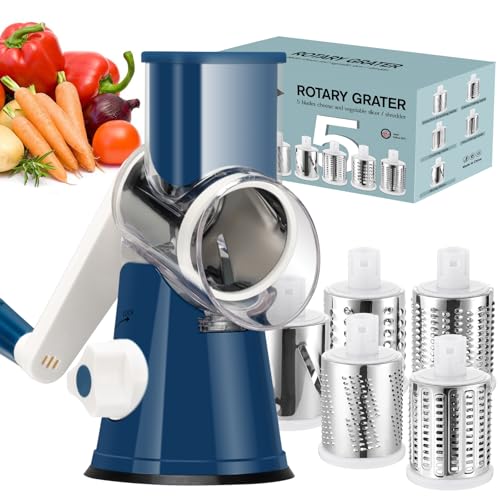Ourokhome Rotary Cheese Grater Hand Crank, Kitchen Shredder Speed Mandolin Slicer Ice Shaver with Handle and Drum Blades for Cheese, Vegetable, Nuts, Chocolate, Potato, Carrot, 5 Blades, Dark Blue - color: C-Dark Blue, style: 5 blades