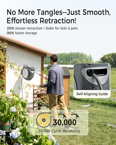 GLAHODEN Retractable Garden Hose Reel 1/2 in x 130 ft with Metal Bracket, 2026 Upgraded Dual Ratchet Lock UV & Freeze Protection Brass Seal Slow Retraction Anti-Tangle 180 Swivel - size: 1/2" 130FT Metal Bracket