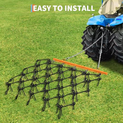 GarveeHome 4ft x 4ft Heavy Duty Drag Harrow, 3/8" Tines with Fixed Cylinder & Chain Link Mat for ATV/UTV, Lawn Tractor - Arena Leveling & Pasture Maintenance,Black Harrow & Orange Shank - size: 4x4 FT