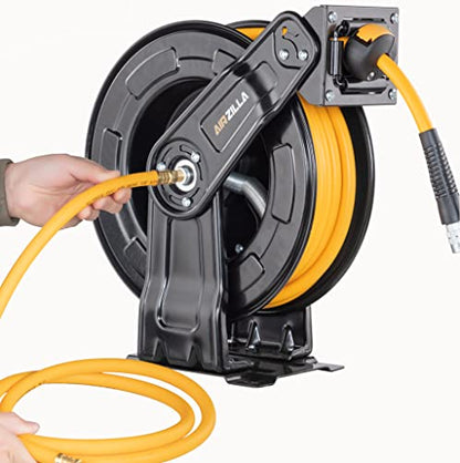 AIRZILLA Premium Steel Retractable Air Hose Reel With Dual Arm, 3/8"x50Ft Hybrid Polymer Hose, Heavy Duty Air Hose Reel included Auto Rewind Reel | Quick Air Coupler | Durable Double side Frame. - color: 3/8"x50ft
