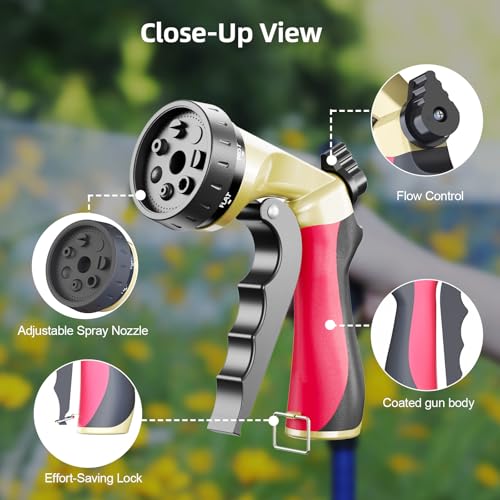 Metal Garden Hose Nozzle with 8 Spray Patterns & Thumb Control - color: Red