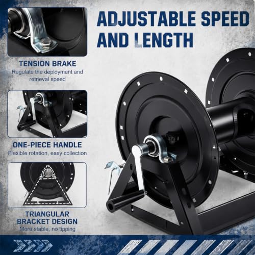 Lounsweer Pressure Washer Hose Reel 3/8" x 300' Steel Manual Crank with Flat Sidewalls, A-frame, Pin Lock and Brake and Stainless Steel Swivel Inlet, 5000 PSI Capacity, 1/2" NPT-F, Black - color: Black