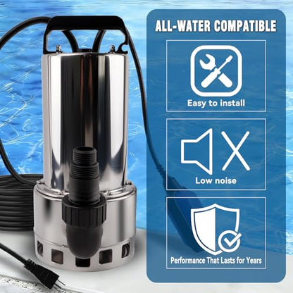 1.5HP 4000GPH Sump Pump, Submersible Water Pump with Float Switch - color: Chrome