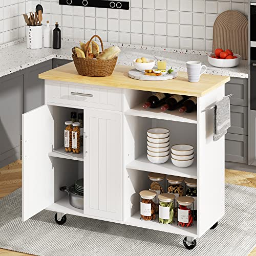 SUNLEI Kitchen Island on Wheels with Storage Cabinet & Drawer, 42" Multifunction Kitchen Cart Cabinet with Shelves, Cart Handle for Towel Rack or Free Mobility, Portable Islands for Kitchen(White) - size: 42-IN