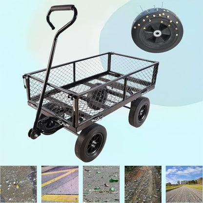 1000 lbs Heavy Duty Steel Garden Cart, 2-in-1 Convertible Utility Wagon with Removable Mesh Sides & Flatbed, 10" Solid No-Flat Tires, 180° Rotating T-Handle Yard Cart for Lawn, Farm, Warehouse,Black - color: Black