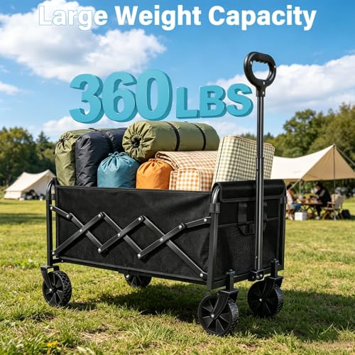 Collapsible Wagon Cart with All-Terrain Wheels - Folding Utility 360LBS Heavy Duty Wagons Carts for Grocery Sports Garden Shopping Camping Fishing (Black, 120L) - size: 360LBS