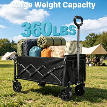 Collapsible Wagon Cart with All-Terrain Wheels - Folding Utility 360LBS Heavy Duty Wagons Carts for Grocery Sports Garden Shopping Camping Fishing (Black, 120L) - size: 360LBS