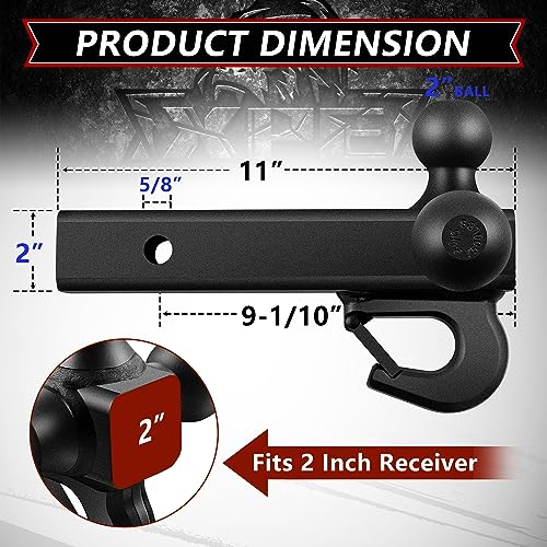 XPE Tri Ball Trailer Hitch Mount with Hook Fits 2 Inch Receiver Matte Black