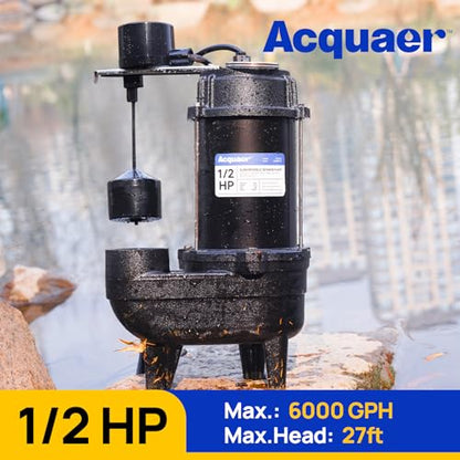 Acquaer 1/2 HP Submersible Sewage Pump 6000 GPH Auto Vertical Float Switch - color: Deep Black