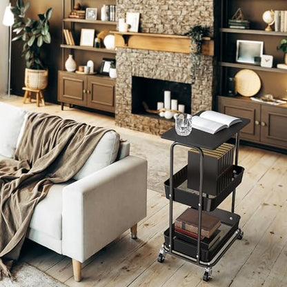 Simple Houseware 2-Tier Rolling Utility Cart Wood Top/Lockable Wheel, Black - color: Black