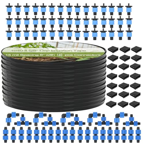 1640 ft 5/8" Drip Irrigation Tape Kit 15 mil Emitter Spacing 6" Flat Drip Tape with 140 PCS Drip Tape Connectors Automatic Irrigation Equipment for Garden Irrigation Emitter Flow:0.79 GPH - size: 1640ft,16 Mil