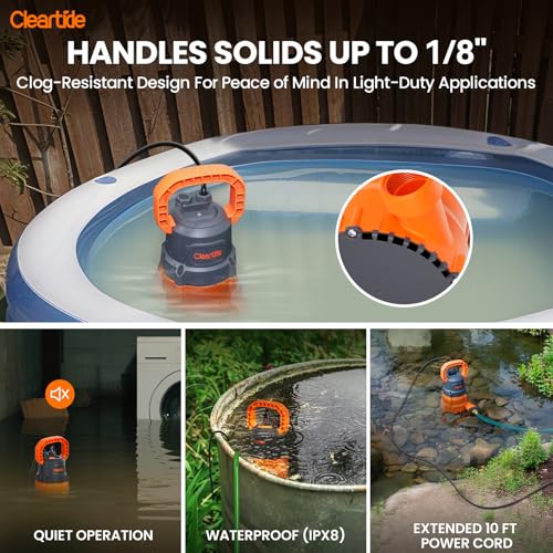 Cleartide Submersible Utility Water Pump, 2160 GPH Portable Sump Pump with Copper Motor, Plug and Work for Pond, Garden Watering, Pool Transfer, or Hot Tub Emptying - style: 1/4 HP Sump Pump