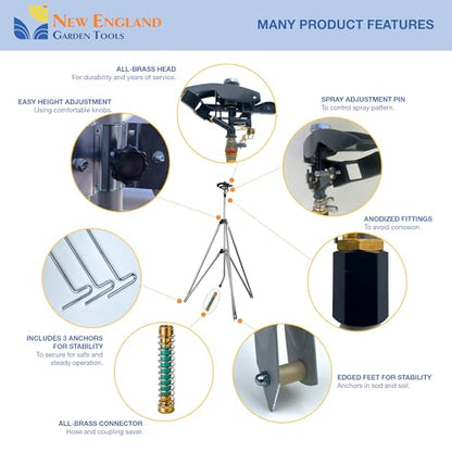 Heavy Duty Tripod Sprinkler 300003, Long Range Sprinkler with 100 FT Reach, 6 Feet Adjustable Tripod Height, 360° Range Control, for Farm, Lawn, Field, Orchard Irrigation by New England Garden Tools