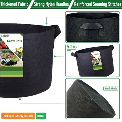 5-Pack 7 Gallon Thickened Plant Grow Bags (14x12 in) Fabric Plant Pots for Tomato,Potato Planter Bags,Herbs Veggies Planters,Flower Pot,Garden Pot,Barrel Planter,Plant Container with Gardening Gloves - size: 7 Gallon (14x12 inches)