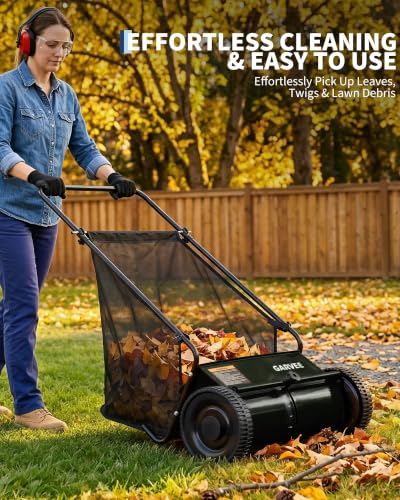 21" Push Lawn Sweeper, 6 Cu.Ft. Hopper, 3 V-Shaped Brushes, Height Adjustable - color: Black, size: 21in