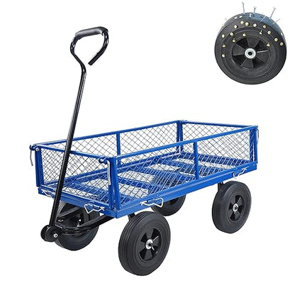TC1840 Blue Solid Wheels Garden Dump Cart - Utility Wagon with Removable Sides - Steel Frame & Wheels - Adults - Outdoor Use - color: Blue Solid Wheels