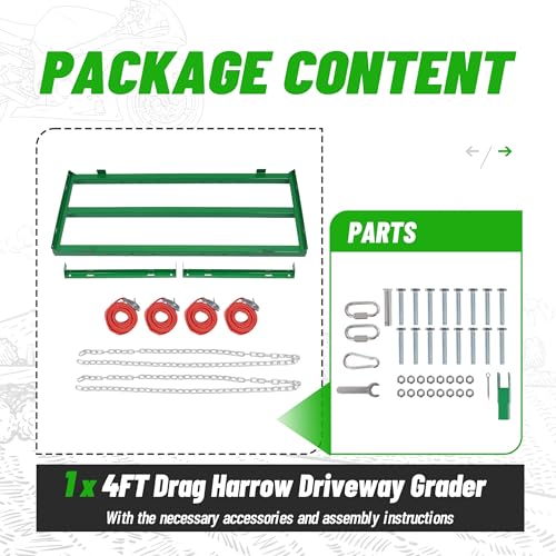 WUTIST 4FT Drag Harrow, Heavy Duty Tow-Behind Driveway Grader with Adjustable Bars & 72 in Chain Compatible with ATV, UTV, Tractor & Mower, Designed for Leveling Soil, Grass, Gravel - color: 4FT-Green
