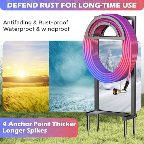 OLV Hose Holder Holds 150-ft Water Pipe, Outdoor Freestanding Heavy Duty Water Hose Holder Reel with 4 Spikes, Detachable Metal Hose Storage Stand Hanger Rack for Outside Yard Lawn Farm, Black - color: Black