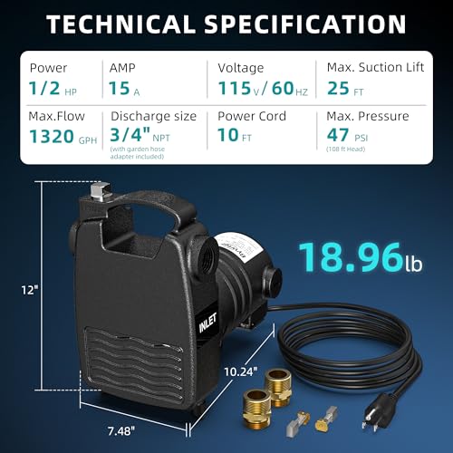 1/2 HP Water Transfer Pump, 1320 GPH, 47 PSI, Brass Connectors, 115V