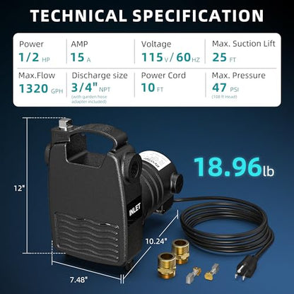 1/2 HP Water Transfer Pump, 1320 GPH, 47 PSI, Brass Connectors, 115V