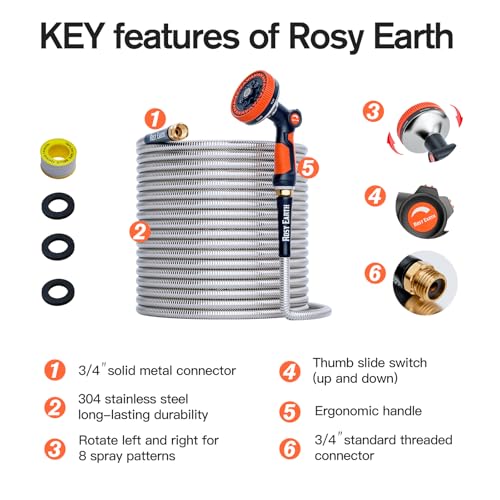 Rosy Earth 200ft Stainless Steel Garden Hose, Heavy Duty Metal Water Hose with 12 Functional Ultra-Wide Nozzle, No-Kink Outdoor Hoses Flexible Tough Water Hose Sprayer for Yard, RV - size: 200FT