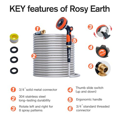 Rosy Earth 200ft Stainless Steel Garden Hose, Heavy Duty Metal Water Hose with 12 Functional Ultra-Wide Nozzle, No-Kink Outdoor Hoses Flexible Tough Water Hose Sprayer for Yard, RV - size: 200FT