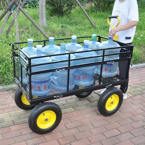 Heavy-Duty Iron Garden Cart Wagon with 1100 lbs Capacity, 15 inch Pneumatic Tires for Firewood, Debris & Outdoor Tasks - 55" L x 24" W x 46.8" H,Yellow & Black - size: 1100 LBS