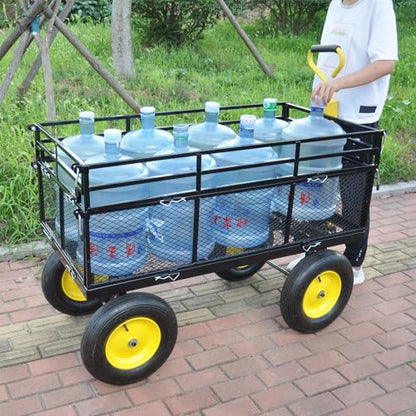 Heavy-Duty Iron Garden Cart Wagon with 1100 lbs Capacity, 15 inch Pneumatic Tires for Firewood, Debris & Outdoor Tasks - 55" L x 24" W x 46.8" H,Yellow & Black - size: 1100 LBS